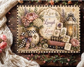 Live Laugh Love Cutting Board PNG, Vintage Floral Kitchen Sublimation Design, Farmhouse Checkered Bow Chopping Board, Digital Download