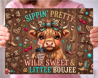 Highland Cow PNG / Funny Kitchen Chopping Board / Coffee Png / Sublimation Png / Sippin Pretty Wild Sweet Little Bougee / Digital Download