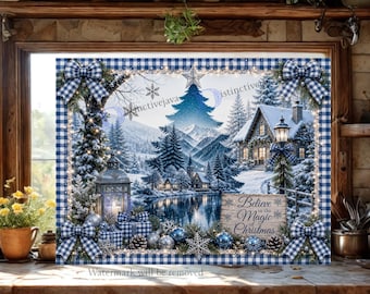 Weihnachtsschneidebrett (PNG), Winterhütte mit blauem Vichy-Karo (Sublimation), Glaube an die Magie von Weihnachten, Verspieltes Weihnachtsmotiv (digitaler Download)