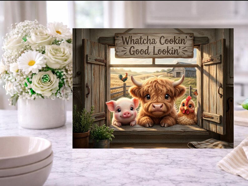 May include: A rectangular wall art print featuring a rustic wooden window frame with the text Whatcha Cookin' Good Lookin' above it. The scene shows a piglet, a fluffy brown highland cow, and a chicken looking out toward a farm with a barn.