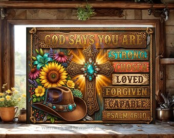 Bóg mówi, że jesteś silny, wybrany PNG / Chrześcijańskie potwierdzenie PNG / Psalm 46:10 / Projekt deski do krojenia / Wiara zachodnia PNG (pobranie cyfrowe)