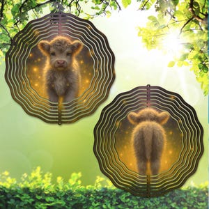 Highland Cow Wind Spinner PNG, dubbelzijdig hoofd & kont sublimatie ontwerp, miniatuur koe tuin spinner sjabloon, baby koe digitale download
