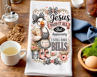 Goose Tea Towel PNG, Jesus Paid It All Dish Towel PNG, Funny Christian Sublimation, Gingham Farmhouse Kitchen Towel Design, Digital Download