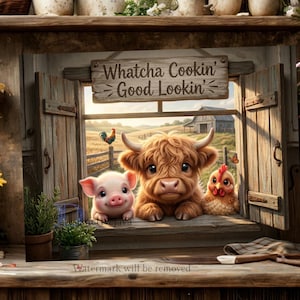 May include: A rectangular wall art print featuring a rustic window frame with wooden shutters. A sign above the window reads Whatcha Cookin' Good Lookin'. A piglet, a Highland calf, and a chicken are visible looking through the window frame.