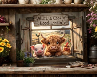 Highland Cow PNG / Funny Kitchen Chopping Board / Farm Animal Png / Sublimation Png / Whatcha Cookin Good Lookin / Pig Png Digital Download