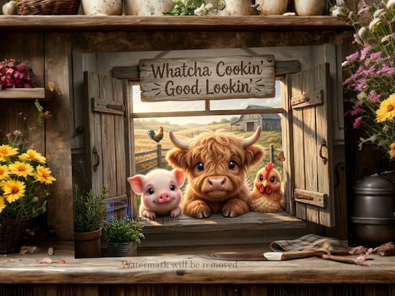 Highland Cow PNG / Funny Kitchen Chopping Board / Farm Animal Png / Sublimation Png / Whatcha Cookin Good Lookin / Pig Png Digital Download