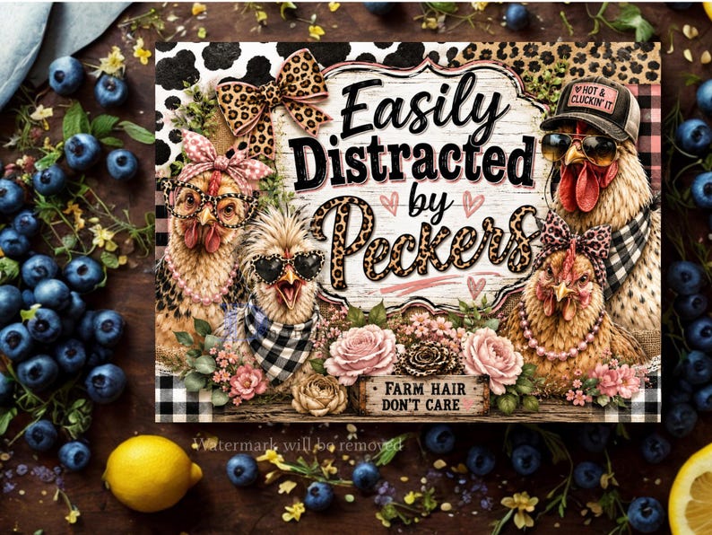 May include: A rectangular sign featuring three chickens wearing accessories like leopard print bows, glasses, and hats. The text reads "Easily Distracted by Peckers" and "FARM HAIR DON'T CARE". The design includes pink roses and a black and white buffalo plaid border.