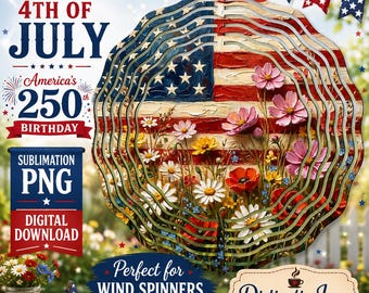 American Flag Wind Spinner PNG, 4th of July & Vintage Floral Sublimation Design, Fourth of July Garden Spinner Template, Digital Download