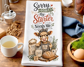 Sourdough Starter Tea Towel PNG, Funny Highland Cow Kitchen Sublimation Design, Farmhouse Baking Towel, Cottagecore Baker Digital Download