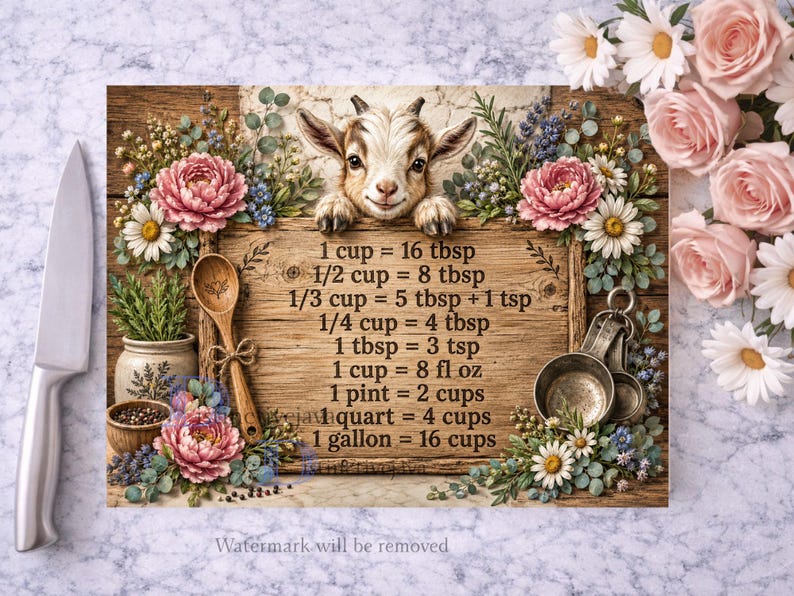 Op de afbeelding: Een rechthoekige houten snijplank met een omrekentabel voor keukenmaten, een geitillustratie en bloemaccenten. De tekst bevat omrekeningen zoals 1 cup = 16 tbsp en 1 gallon = 16 cups. Een houten lepel en metalen maatbekers zijn zichtbaar.