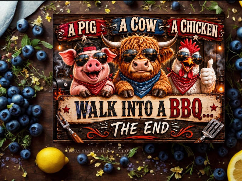 May include: A humorous wooden sign featuring a pig, cow, and chicken wearing sunglasses and bandanas. The sign reads "A Pig, A Cow, A Chicken, Walk Into A BBQ... The End." The image is surrounded by blueberries and lemons.