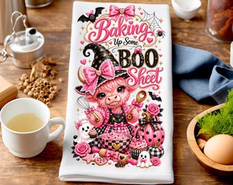 Paño de cocina de Halloween con diseño de vaca de las Tierras Altas, diseño de sublimación para hornear algo espeluznante, PNG de Bowcore, PNG de vaca bruja, descarga digital de paño de cocina divertido