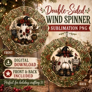 May include: A double-sided wind spinner sublimation PNG design featuring a ghost character wearing a black hat and boots. The front shows the ghost holding a red mug, while the back shows the ghost from behind. Text includes Double-Sided WIND SPINNER.