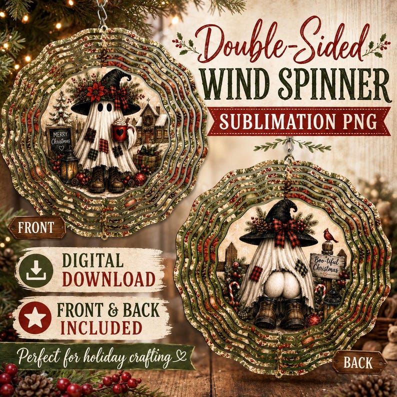 May include: A double-sided wind spinner sublimation PNG design featuring a ghost character wearing a black hat and boots. The front shows the ghost holding a red mug, while the back shows the ghost from behind. Text includes Double-Sided WIND SPINNER.