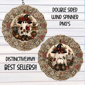May include: Two circular double-sided wind spinners featuring a ghost wearing a hat and boots. The top design shows a ghost holding a red mug with text Merry Christmas. The bottom design shows a ghost with exposed buttocks and text Boo-tiful Christmas. Text reads DOUBLE SIDED WIND SPINNER PNG'S and DISTINCTIVEJAVA BEST SELLERS!!