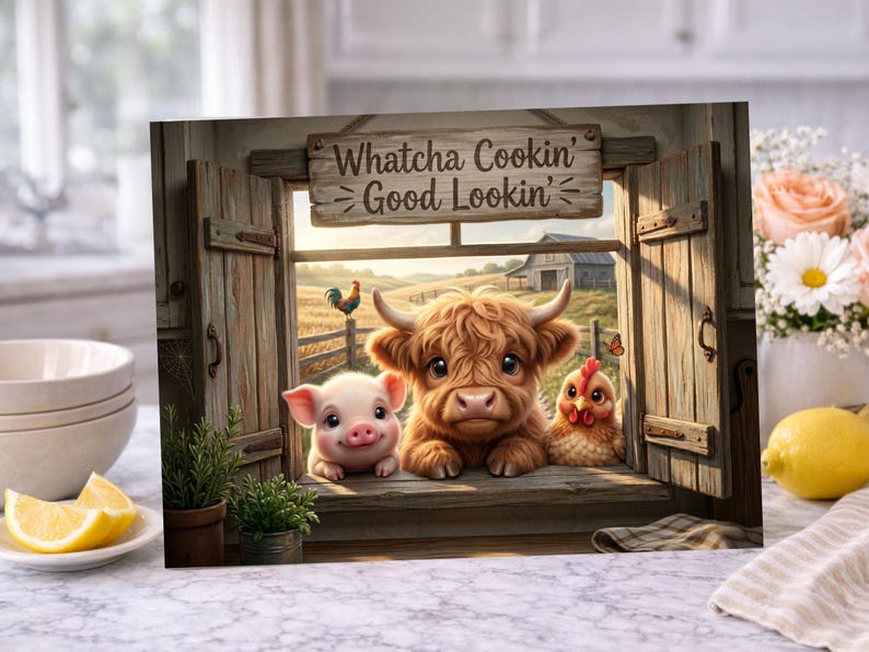 May include: A rectangular wall art print featuring a rustic wooden window frame with open shutters. The text "Whatcha Cookin' Good Lookin'" is displayed on a wooden sign above. A piglet, a highland calf, and a chicken sit on the window sill.