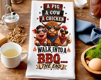 BBQ Tea Towel PNG, Funny Pig Cow Chicken Sublimation Design, Highland Cow Farmhouse Dish Towel, Walk Into A BBQ, Dad Joke, Digital Download