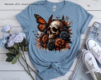 Monarkfjärilsskalle PNG / Skelettsublimering / Mörk gotisk PNG / Gotisk blommig png / Vintage tatueringsstil / Romantisk digital nedladdning