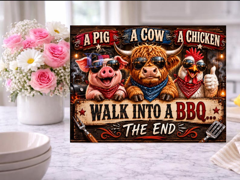 May include: A humorous BBQ-themed sign featuring a pig, cow, and chicken wearing sunglasses and bandanas. The sign reads "Walk Into A BBQ... The End" in a rustic, wooden style. The image is colorful and playful.