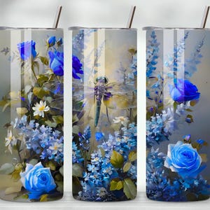 Dragonfly Tumbler Wrap PNG für 20oz Skinny Tumbler | Sublimationsdesign | DIY Geschenk | Sofortiger Download, von der Natur inspiriertes florales blaues Wrap PNG