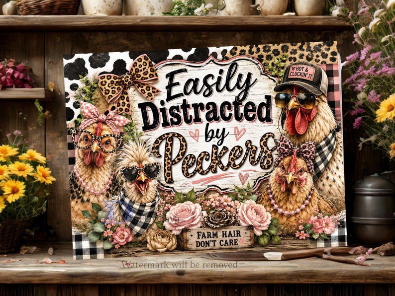 May include: A rectangular sign featuring four chickens with accessories like leopard print bows, sunglasses, and hats. The text reads Easily Distracted by Peckers and Farm Hair Don't Care. The design includes pink roses, buffalo plaid, and leopard print patterns.