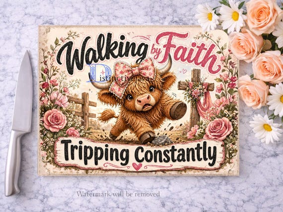 Highland Cow PNG / Funny Kitchen Chopping Board / Farm Animal Png / Sublimation Png / Walking By Faith Tripping Constantly Digital Download