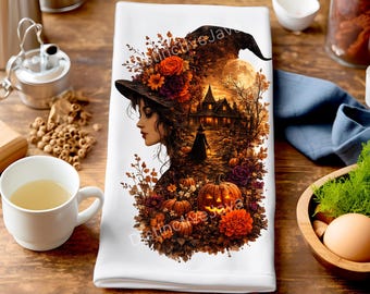 Halloween PNG, Witch Tea Towel PNG, Fall Flowers Pumpkin Sublimation Design, Double Exposure PNG, Autumn Kitchen Decor,  Digital Download