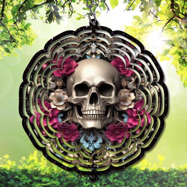 Gothic Elegance: Skull & Flowers Wind Spinner PNG - Sublimation PNG for Unique Creations