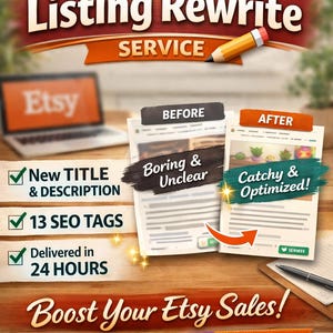 May include: An advertisement for an Etsy listing rewrite service. The image features the text "Etsy Listing Rewrite Service" with a pencil graphic. It highlights "New Title & Description," "13 SEO Tags," and "Delivered in 24 Hours." The ad promises to "Boost Your Etsy Sales!"
