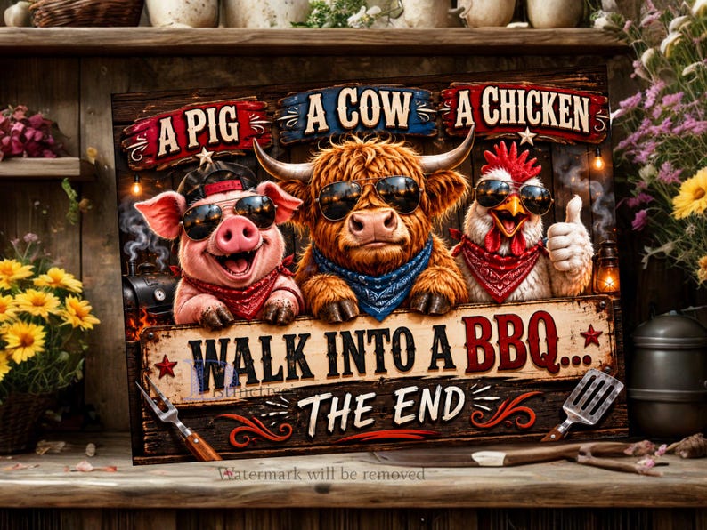 May include: A wooden sign with the text "A Pig, A Cow, A Chicken, Walk Into A BBQ... The End." Features cartoon images of a pig, cow, and chicken wearing sunglasses and bandanas. The sign has a rustic, barbecue theme.