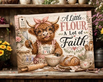 Highland Cow Baking Cutting Board Sublimation PNG, Farmhouse Kitchen Flour Faith Design, Christian Baker PNG Floral Kitchen Digital Download