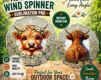 Highland Cow Wind Spinner PNG, Double Sided Sublimation Design, Daisy Garden Spinner Template, Farmhouse Cow Yard Decor (Digital Download)