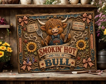 BBQ Cutting Board PNG, Cow Sublimation Design, Smokin Hot and Full of Bull, Highland Cow BBQ Kitchen Decor, Grill Humor Digital Download