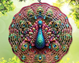 Girandola a vento con pavone PNG, design a sublimazione con mandala di pavone colorato, girandola da giardino boho con gioielli, vivace decorazione per il giardino, download digitale