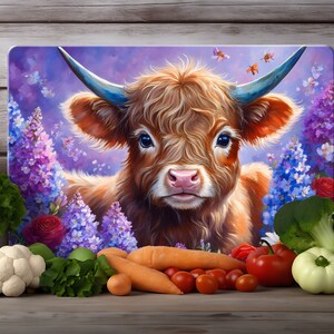 Planche à découper bébé vache Highland Png, sublimation de roses lilas, téléchargement numérique, cadeau bricolage 15,5 x 11,25 & 11 x 7,9 planche à découper, décoration de cuisine