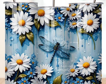 Opakowanie na kubek Dragonfly Daisy 20 uncji PNG, cienka folia sublimacyjna na kubek z kwiatowym wzorem w kolorze niebieskim „Those We Love Don't Go Away” (pobranie cyfrowe)