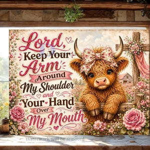 May include: A decorative print featuring a Highland cow with a floral bow, surrounded by flowers and a cross. The text reads "Lord, Keep Your Arm Around My Shoulder and Your Hand Over My Mouth."