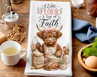 Sourdough Starter Tea Towel PNG, Funny Highland Cow Kitchen Sublimation Design, Farmhouse Baking Towel, Cottagecore Baker Digital Download