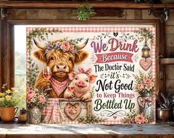 Highland Cow and Pig Cutting Board Sublimation PNG, Drinking Quote Kitchen Decor, Pink Gingham Floral, Wine Bread Board, Digital Download