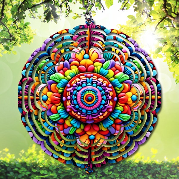 Kräftig farbiges Mandala Wind Spinner PNG - Kompliziertes Blumenmuster, digitaler Download für DIY Handwerk, Boho Dekor, Teller, Shirts, Tassen