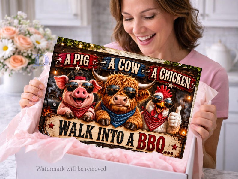 May include: A humorous sign featuring a pig, cow, and chicken wearing sunglasses and bandanas. The text reads "A Pig, A Cow, A Chicken, Walk Into A BBQ..." The sign has a rustic, wooden appearance with a star and lantern accents. The overall theme is related to barbecue and grilling.