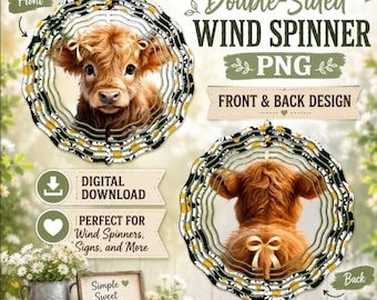 Highland Cow Wind Spinner PNG: Double Sided Sublimation Design Front and Back Garden Spinner Template Breakthrough Design (Digital Download)