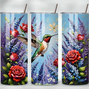 Blauer Kolibri-Becher-Verpackung, 20 Unzen dünner Becher, Blumenbecher PNG Herunterladen, Sublimationsbecher-Design, Vogelbecher, digitaler Download