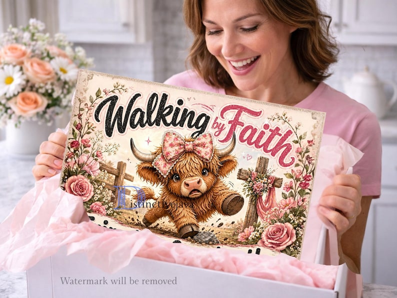 May include: A rectangular sign featuring the text Walking by Faith in black and pink script. The illustration depicts a brown Highland cow wearing a pink floral bow, standing near a wooden cross surrounded by pink roses and green foliage.