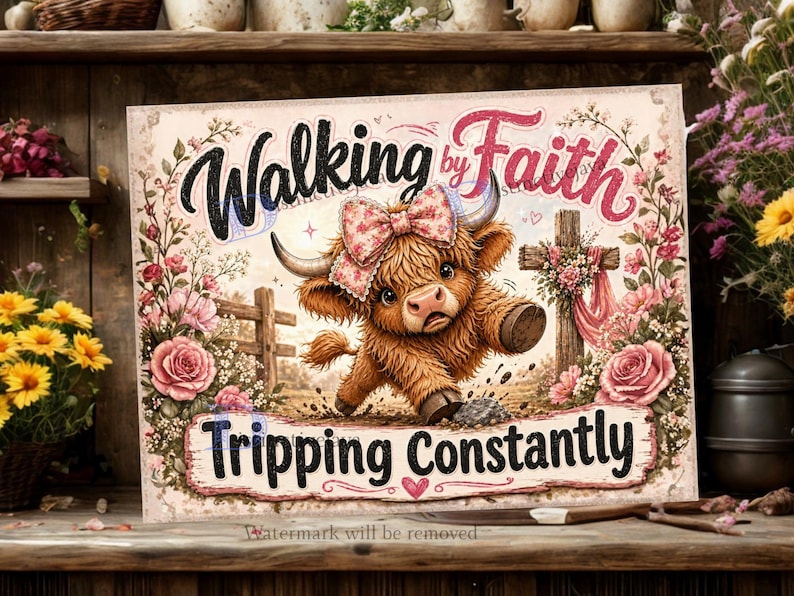 May include: A rectangular sign featuring a brown Highland calf wearing a pink floral bow, positioned between a wooden cross and a fence. The text reads Walking by Faith at the top and Tripping Constantly at the bottom, surrounded by pink roses.