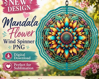 Colorful Mandala Wind Spinner PNG, Boho Floral Sublimation Design, Turquoise Sunflower PNG, Stained Glass Style Spinner PNG Digital Download