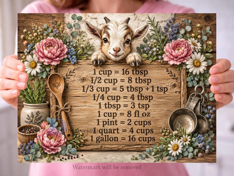 Op de afbeelding: Een houten bord met een geitenillustratie bovenaan en een tabel voor keukenmaten in zwarte tekst. Het bord is versierd met roze pioenrozen, witte madeliefjes, blauwe bloemen, een houten lepel en metalen maatbekers.
