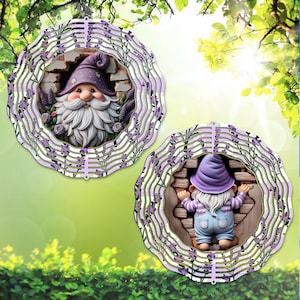 May include: Two decorative garden spinners featuring gnome designs. One shows a gnome with a long white beard and purple hat, the other shows the back of a gnome. Both have a lavender and white wavy border.