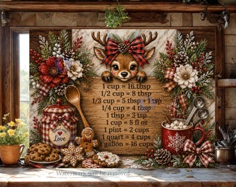 Weihnachts-Rentier-Schneidebrett (PNG), Umrechnungstabelle für die Weihnachtsküche (PNG), Weihnachtsbäckerei (PNG), Winterliche Küchendeko mit Vichy-Karo, Digitaler Download