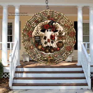 May include: A circular wind spinner featuring a ghost wearing a witch hat, boots, and a plaid-patched sheet, holding a red mug. The design includes a sign reading Merry Christmas, a lantern, and a snowy house. Text reads: This is a Digital Download No Physical item will be sent.